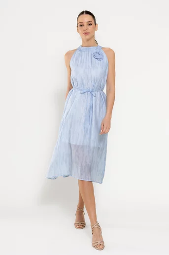Rochie lejeră decorată cu strasuri si floare bleu RFY0308