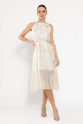 Rochie lejeră decorată cu strasuri si floare crem RFY0308