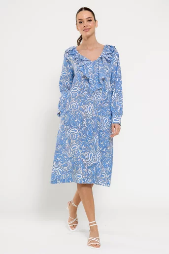 Rochie lejeră din bumbac cu volan decorativ albastră RRS0303