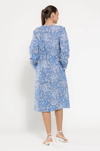 Rochie lejeră din bumbac cu volan decorativ albastră RRS0303