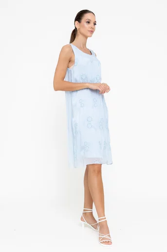 Rochie lejeră din mătase cu broderie bleu RBB0506