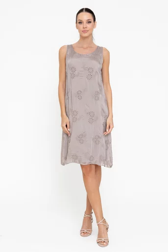 Rochie lejeră din mătase cu broderie taupe RBB0506