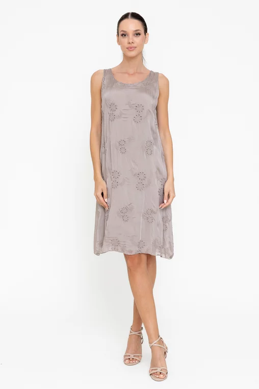 Rochie lejeră din mătase cu broderie taupe RBB0506 picture - 1