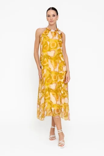 Rochie lejeră din mătase cu fundă laterală galbenă RBB0503