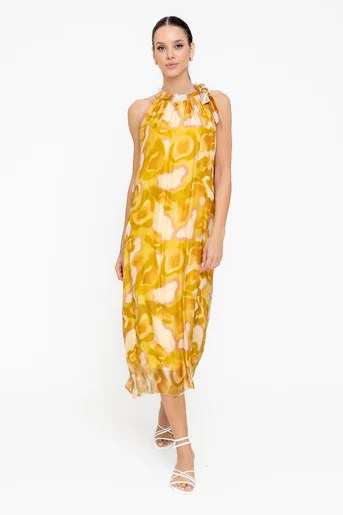 Rochie lejeră din mătase cu fundă laterală galbenă RBB0503