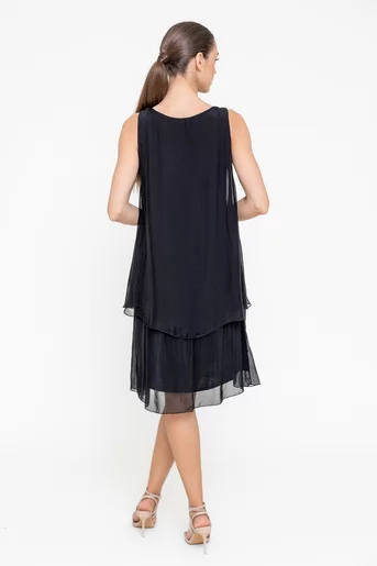 Rochie lejeră din mătase cu volane suprapuse neagră RBB0504