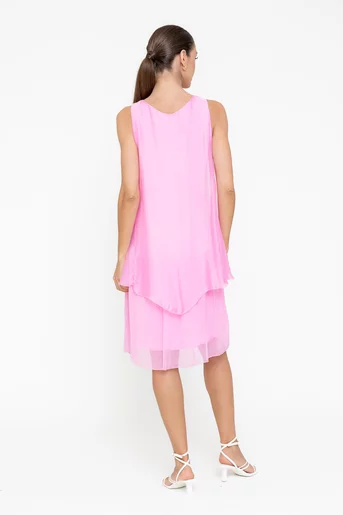 Rochie lejeră din mătase cu volane suprapuse roz RBB0504