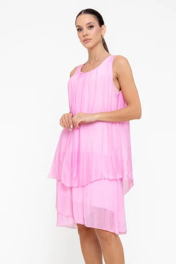 Rochie lejeră din mătase cu volane suprapuse roz RBB0504