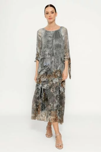 Rochie mătase naturală cu imprimeu trandafiri gri RHF0303