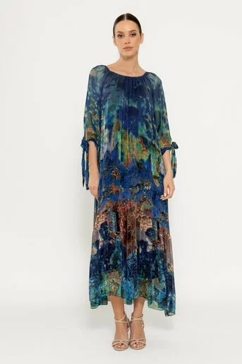 Rochie mătase naturală cu imprimeu trandafiri indigo RHF0303