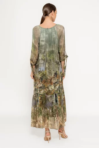 Rochie mătase naturală cu imprimeu trandafiri kaki RHF0303