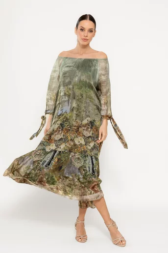 Rochie mătase naturală cu imprimeu trandafiri kaki RHF0303