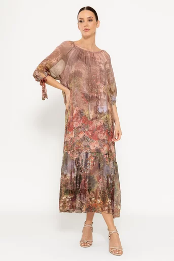 Rochie mătase naturală cu imprimeu trandafiri maro RHF0303