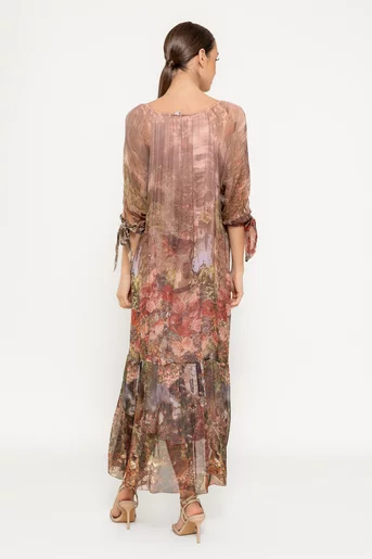 Rochie mătase naturală cu imprimeu trandafiri maro RHF0303