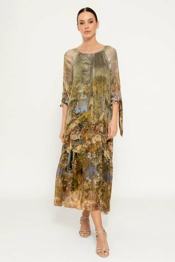 Rochie mătase naturală cu imprimeu trandafiri nisipiu RHF0303