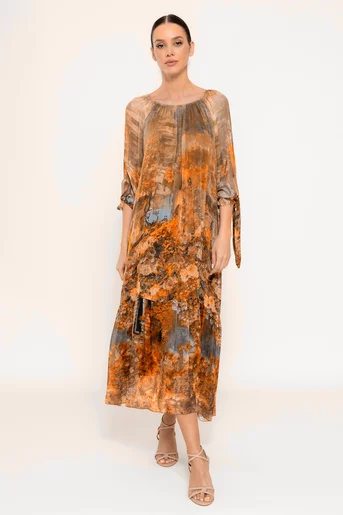 Rochie mătase naturală cu imprimeu trandafiri oranj RHF0303