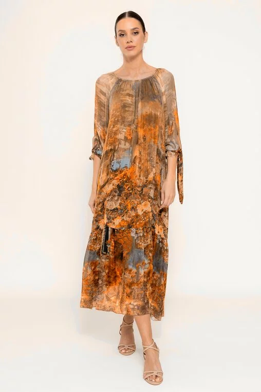 Rochie mătase naturală cu imprimeu trandafiri oranj RHF0303 picture - 1