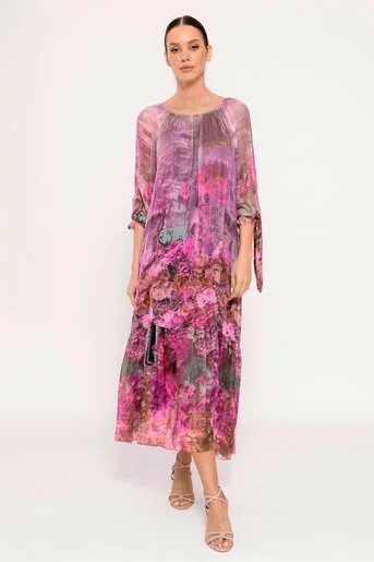 Rochie mătase naturală cu imprimeu trandafiri roz RHF0303