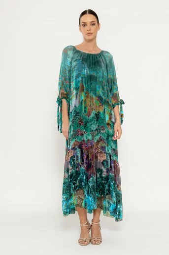 Rochie mătase naturală cu imprimeu trandafiri turcoaz deschis RHF0303