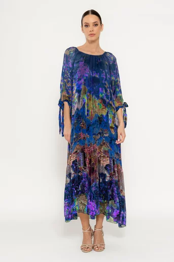 Rochie mătase naturală cu imprimeu trandafiri turcoaz închis RHF0303