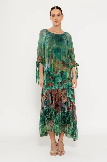 Rochie mătase naturală cu imprimeu trandafiri verde RHF0303
