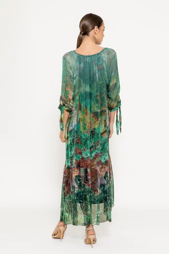 Rochie mătase naturală cu imprimeu trandafiri verde RHF0303