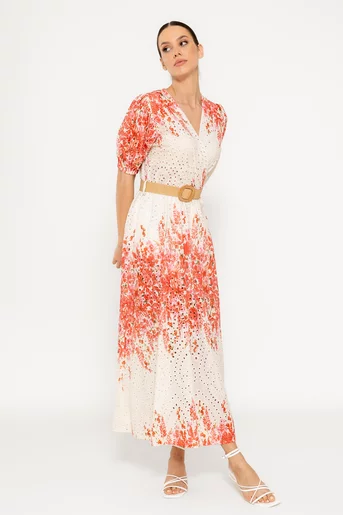 Rochie maxi ajurată cu flori corai RBR0310
