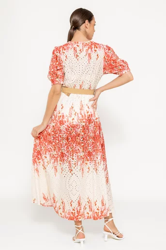 Rochie maxi ajurată cu flori corai RBR0310
