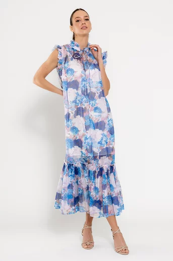 Rochie maxi cu volan amplu albastră REL0301