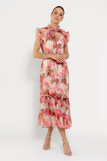 Rochie maxi cu volan amplu roz REL0301