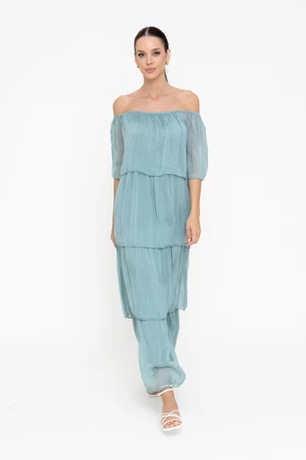 Rochie maxi cu volane turcoaz deschis RBB0505