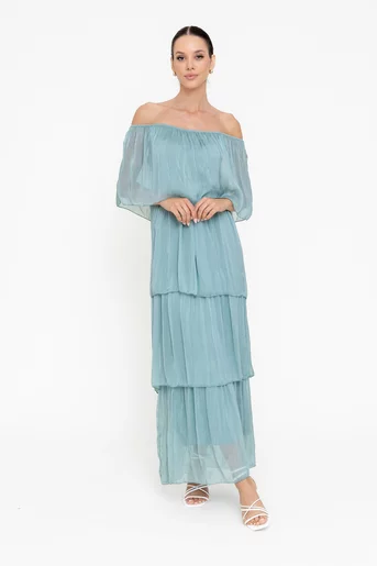 Rochie maxi cu volane turcoaz deschis RBB0505