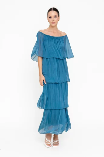 Rochie maxi cu volane turcoaz închis RBB0505