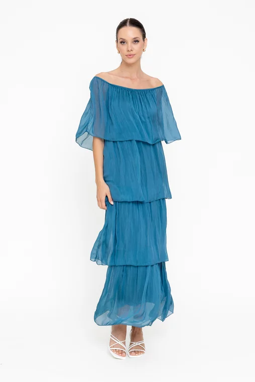 Rochie maxi cu volane turcoaz închis RBB0505 picture - 1