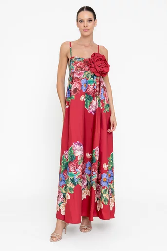 Rochie maxi din bumbac cu bretele subțiri  burgundy RBR0513