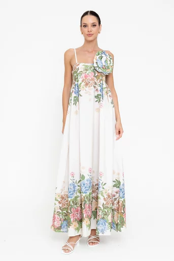 Rochie maxi din bumbac cu bretele subțiri  ivory RBR0513