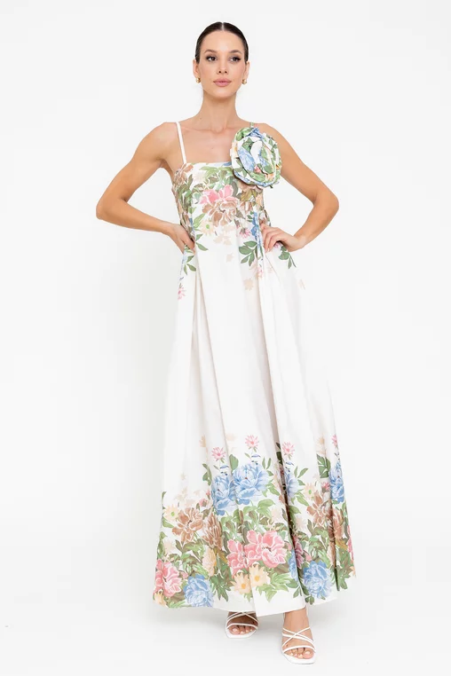 Rochie maxi din bumbac cu bretele subțiri ivory RBR0513 picture - 4
