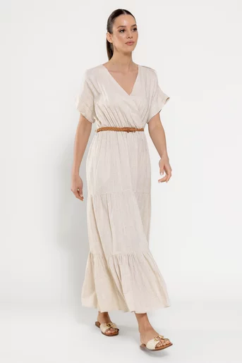 Rochie maxi din in cu curea bej RYF0306