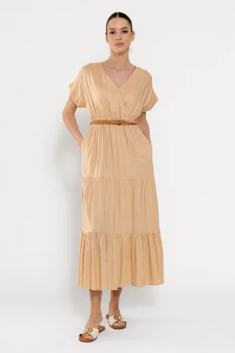 Rochie maxi din in cu curea camel RYF0306