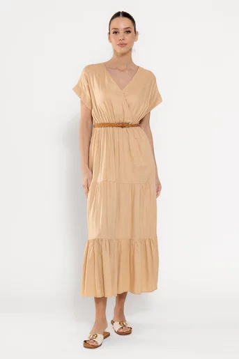 Rochie maxi din in cu curea camel RYF0306