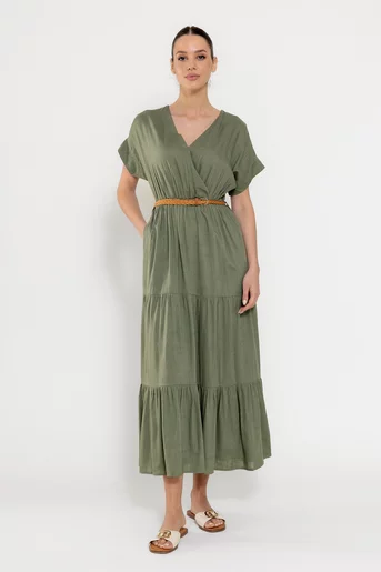 Rochie maxi din in cu curea kaki RYF0306