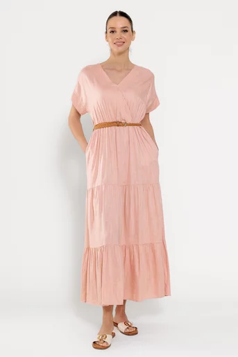 Rochie maxi din in cu curea roz RYF0306