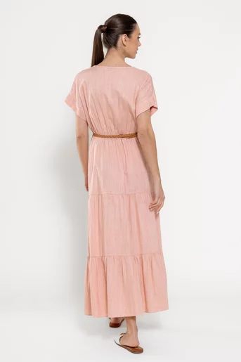 Rochie maxi din in cu curea roz RYF0306