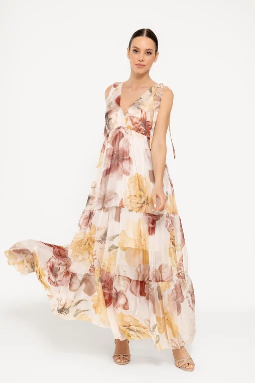 Rochie maxi din voal bej RBR0307 picture - 4