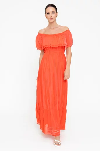 Rochie maxi mătase naturală corai RBB0507