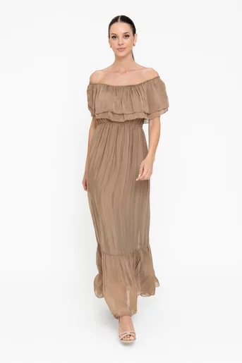 Rochie maxi mătase naturală maro RBB0507