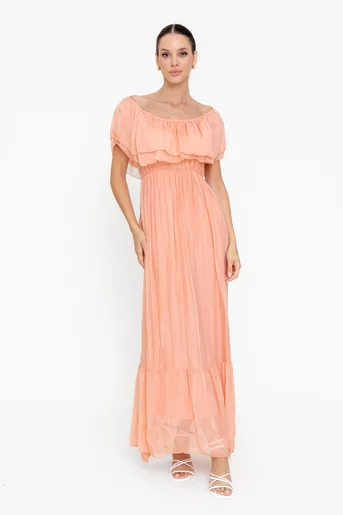 Rochie maxi mătase naturală piersică RBB0507