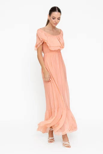 Rochie maxi mătase naturală piersică RBB0507