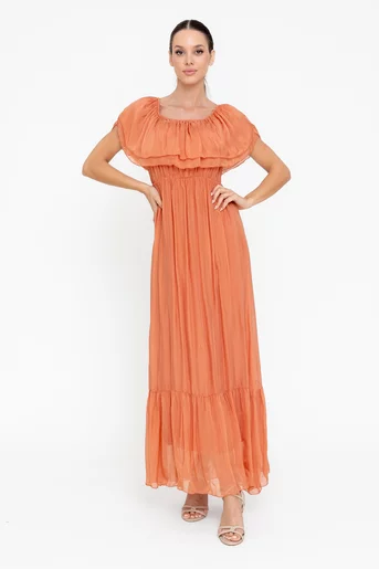 Rochie maxi mătase naturală somon RBB0507
