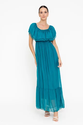 Rochie maxi mătase naturală  turcoaz închis RBB0507